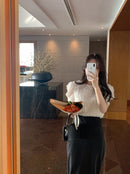 2023春季新款韩国东大门温柔淑女气质蕾丝花瓣泡泡袖短袖小衫上衣